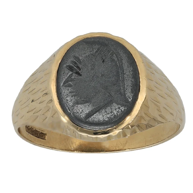 Cord edge rings-9ct Gold Hematite Crest/Emblem Signet Ring Size R