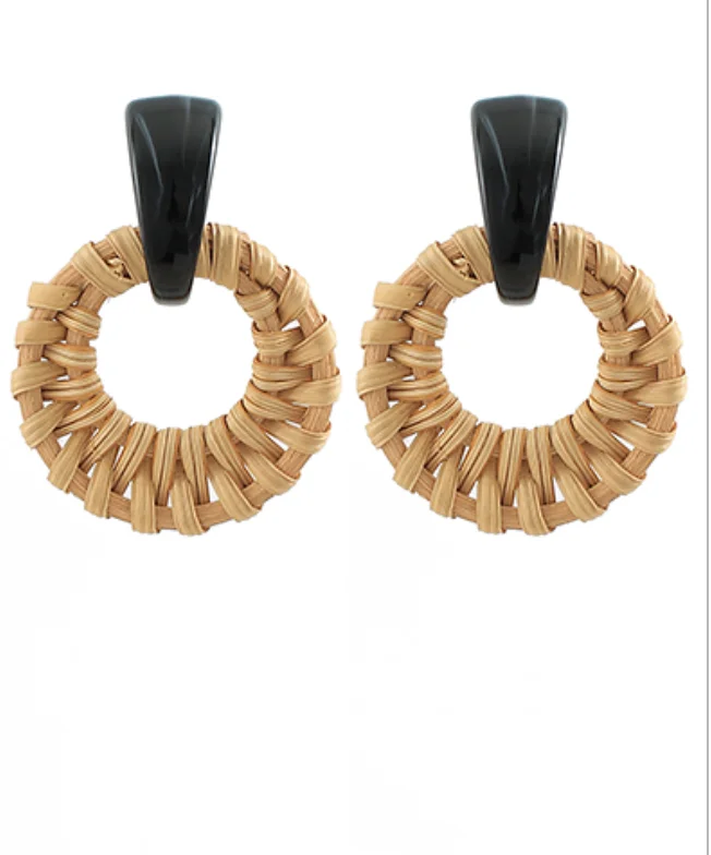 Slim rose earrings-Rattan Circle Black Earrings