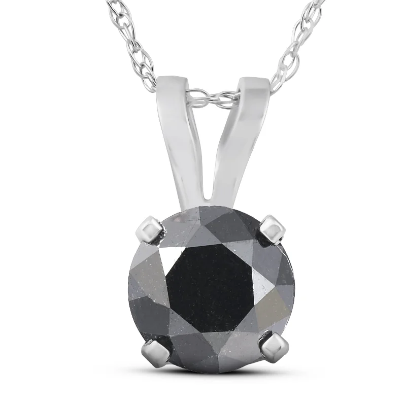 Flat gem necklaces-1 CT Black Diamond Solitaire Pendant-Necklace in White Gold on an 18" Chain