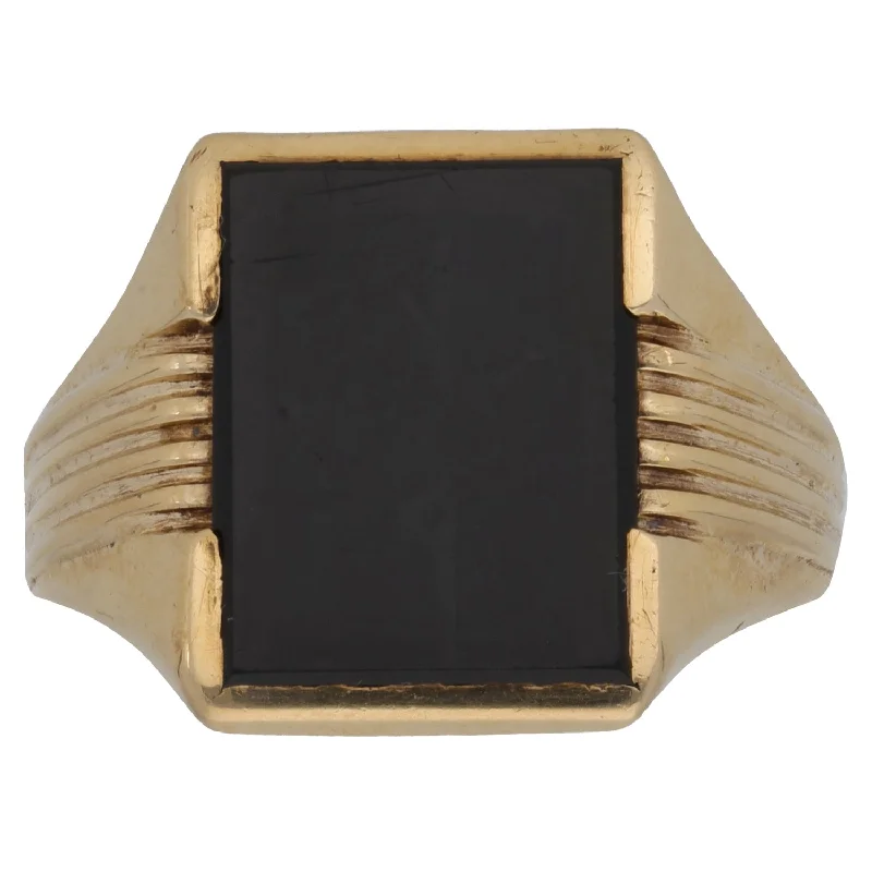 Flat design rings-9ct Gold Onyx Patterned Signet Ring Size V