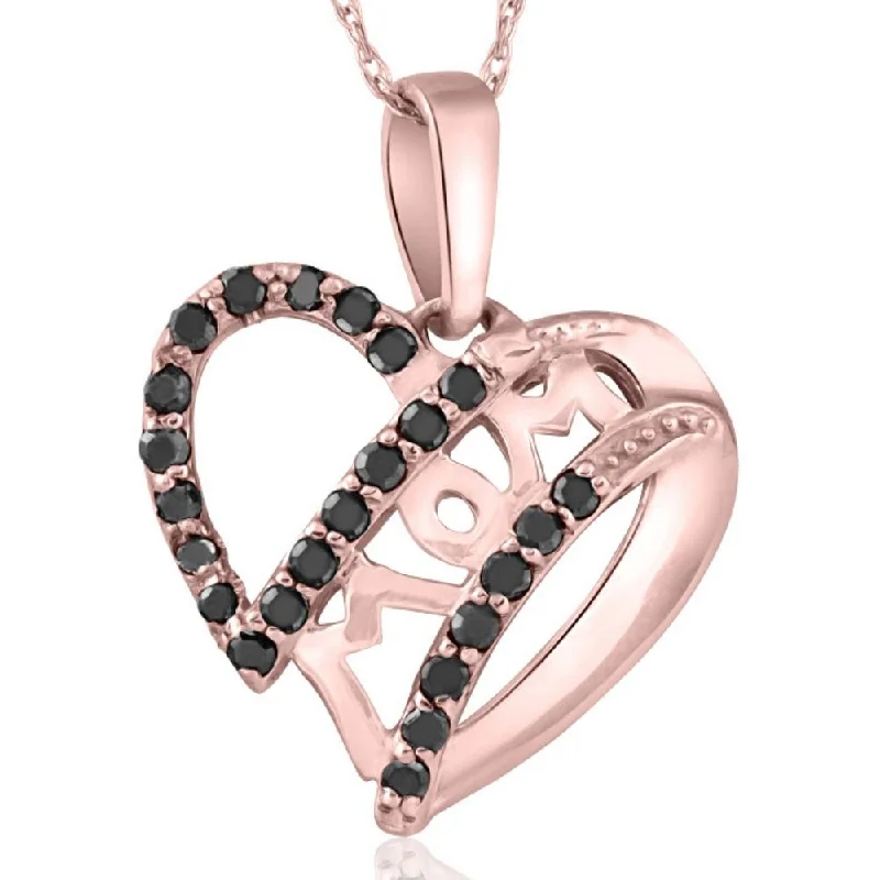 High shine necklaces-Black Diamond Mom Heart Pendant Necklace in White, Yellow, or Rose Gold