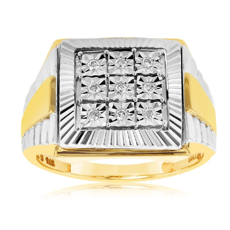 Layered metal rings-9ct Yellow Gold & Rhodium Set with 9 Brilliant Diamonds Gents Ring Set