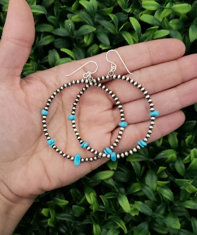 Shiny silver earrings-Sterling Silver Navajo Pearl Turquoise Beaded Hoop Dangle Earrings