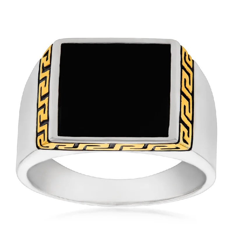 Slim star rings-Sterling Silver Gold Plated Black Square Greek Pattern Gents Ring