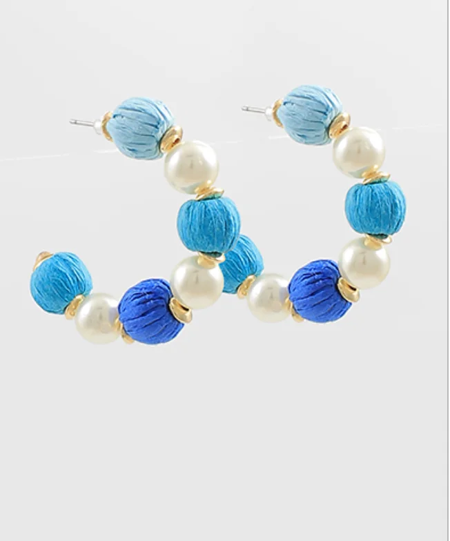 Broad hoop earrings-Pearl Raffia Blue Hoop Earrings