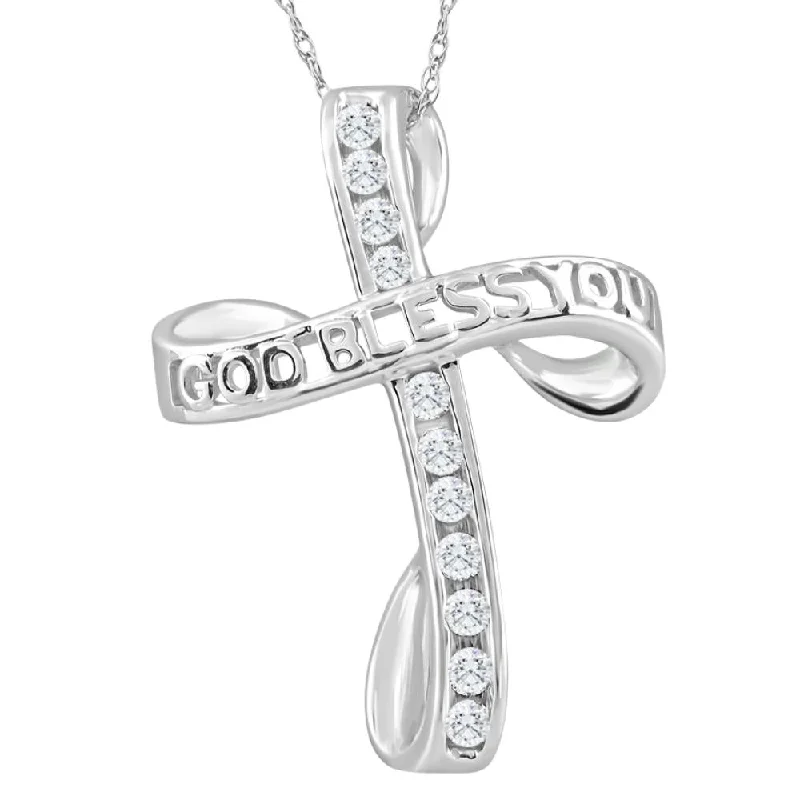 Thin filigree necklaces-1/3Ct T.W. Diamond Cross 10k White Gold Necklace God Bless You Pendant 18" Chain