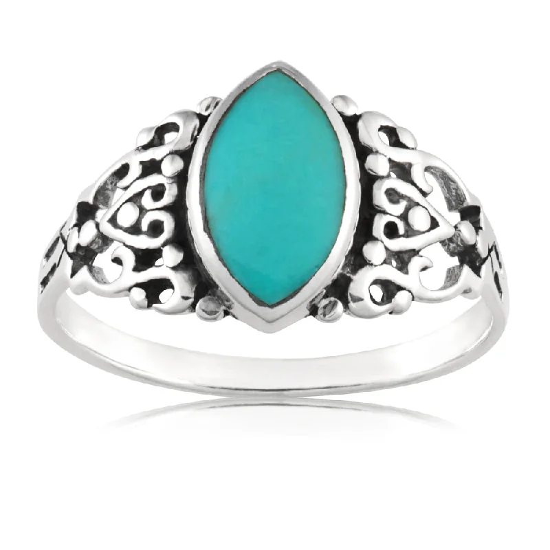 Tide theme rings-Sterling Silver Created Turquoise Marquise Oxidised Ring