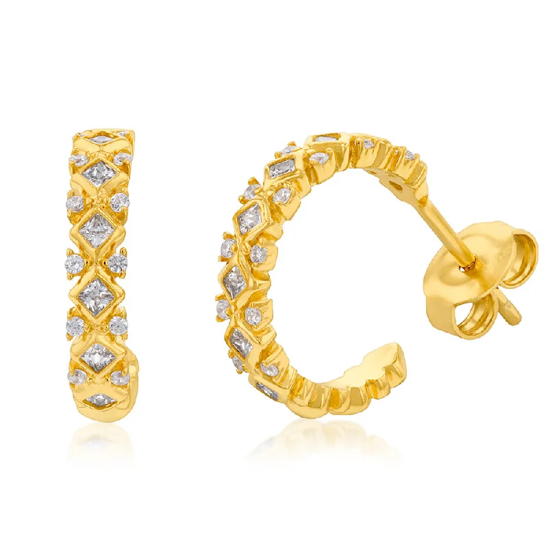 Worn cameo rings-Sterling Silver Gold Plated Cubic Zirconia On Fancy Half hoop Earring