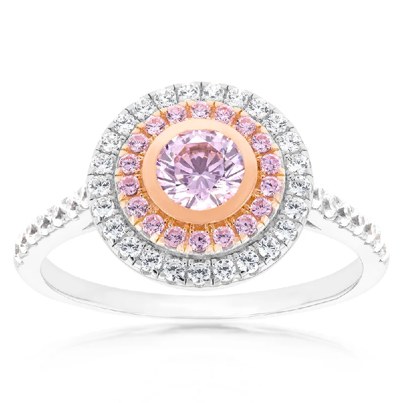 Multi-design rings-Sterling Silver Rhodium And Rose Gold Plated White And Pink CZ Round Ring