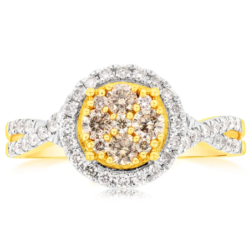 Hand-shiny rings-9ct Yellow Gold 4/5 Carat Diamond Round Shape Cluster Ring