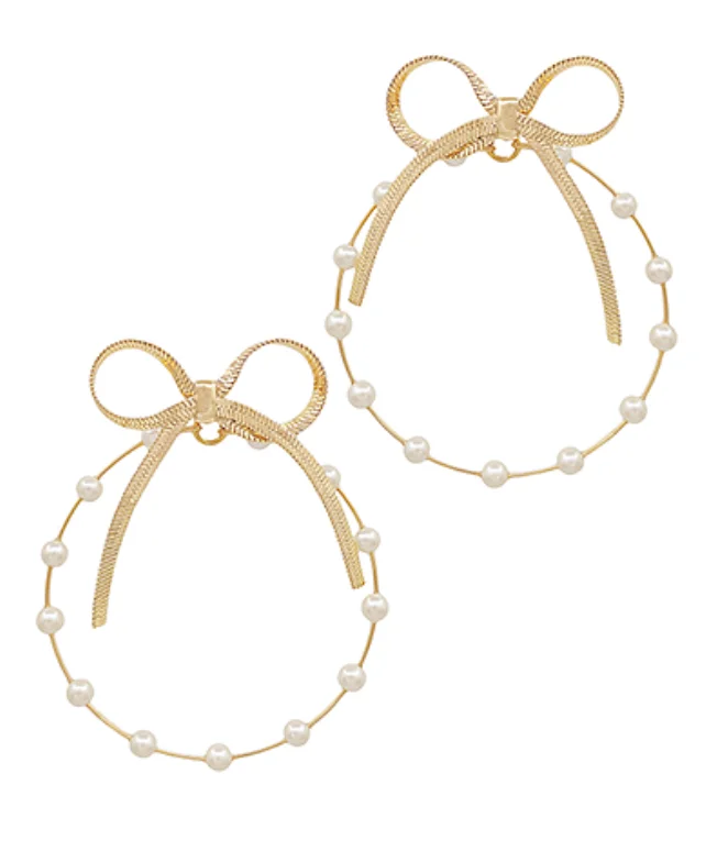 Thin enamel earrings-Bow Pearl Hoop Earrings