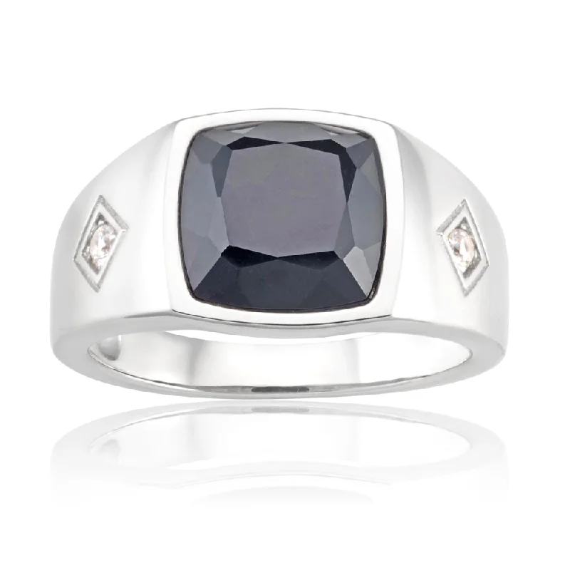 Pure band rings-Sterling Silver Rhodium Plated Onyx and Zirconia Square Gents Ring