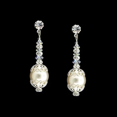 Flat knot earrings-Bridal Earrings with Pearl, Crystal & Filigree