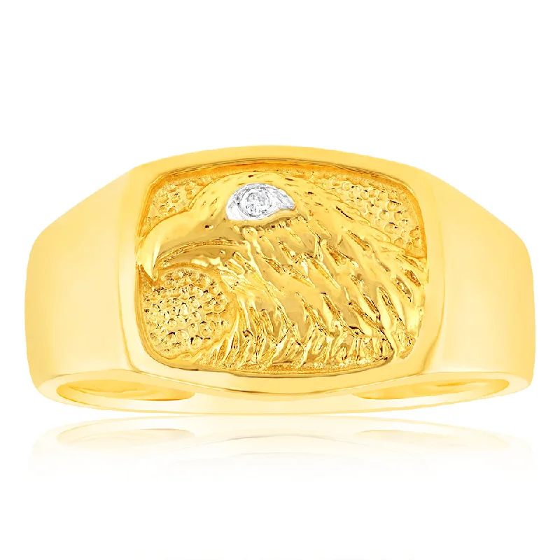 Shiny silver rings-9ct Yellow Gold Single Diamond Eagle Gents Ring