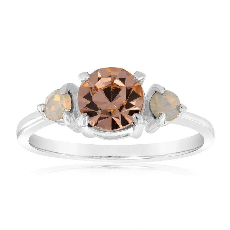 Wide stone rings-Sterling Silver Light Peach Stone And White Opal Glass Ring