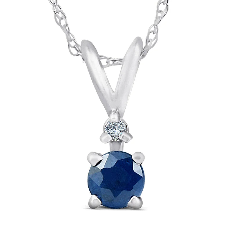 Thin-line necklaces-Diamond & Blue Sapphire Solitaire Pendant 14K White Gold With 18" Chain