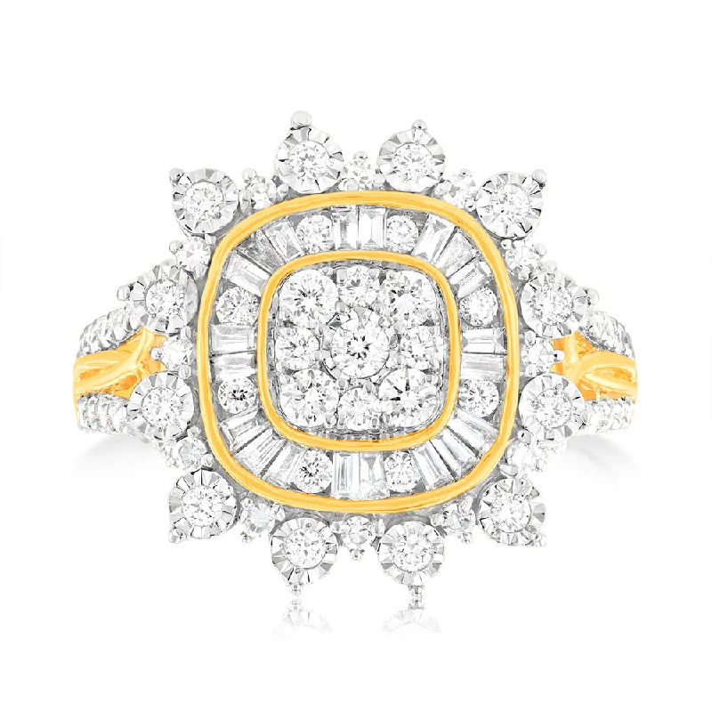 Clustered gem rings-Luminesce Lab Grown 1 Carat Diamond Cushion Cluster Ring in 9ct Yellow Gold