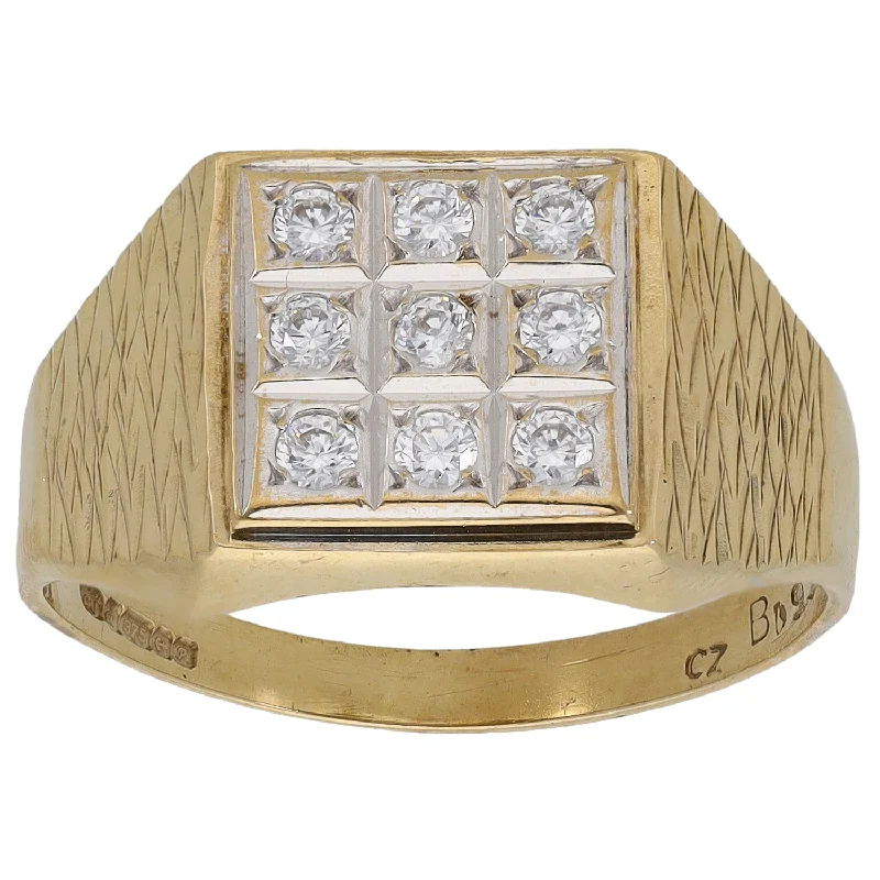 Worn vow rings-9ct Gold Cubic Zirconia Patterned Signet Ring Size T