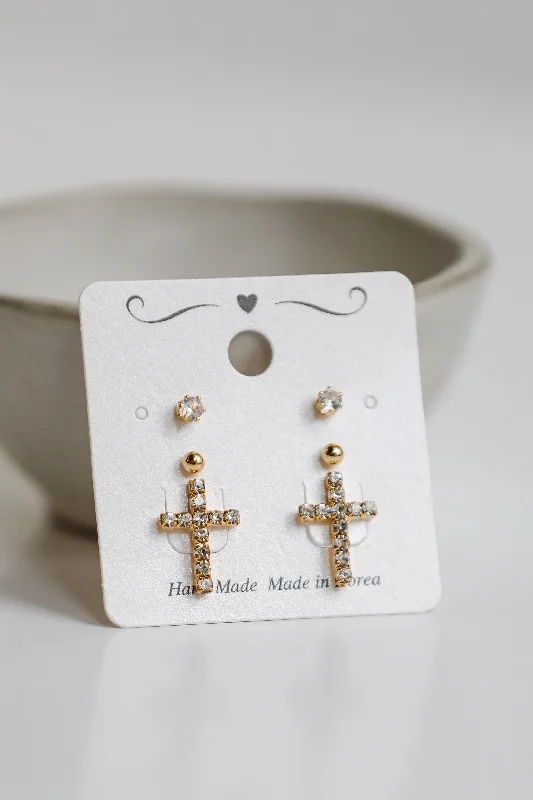 Tide theme earrings-Kendall Gold Cross Stud Earring Set