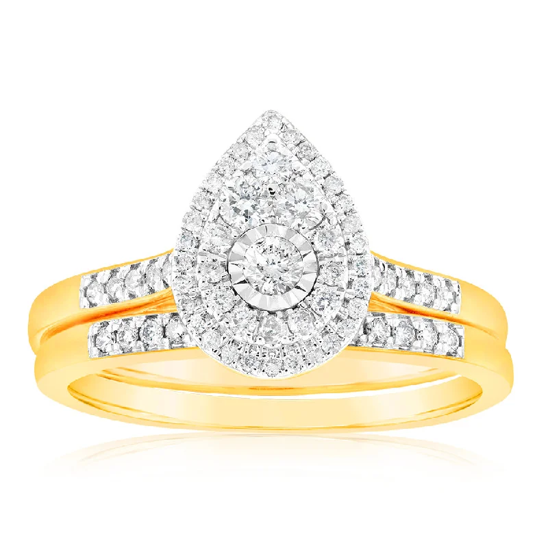 Pure band rings-9ct Yellow Gold 1/2 Carat Cluster Diamond Bridal Set Ring