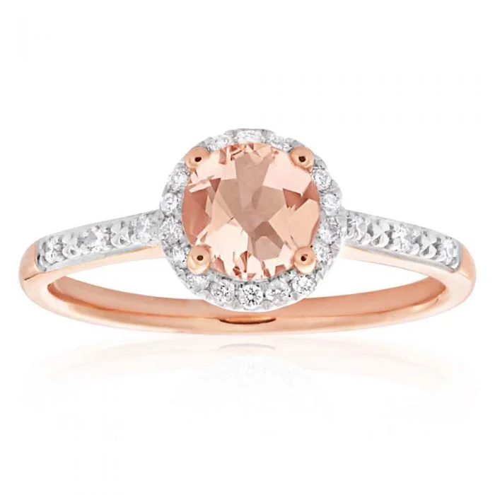 Twig style rings-9ct Rose Gold 0.8ct Morganite and 0.10 Carat Diamond Halo Ring