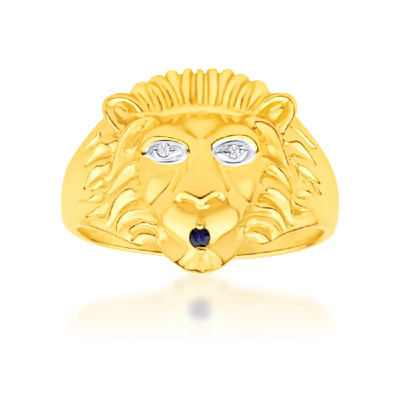 Slim star rings-9ct Yellow Gold Lion Head Diamond and Sapphire Gents Ring