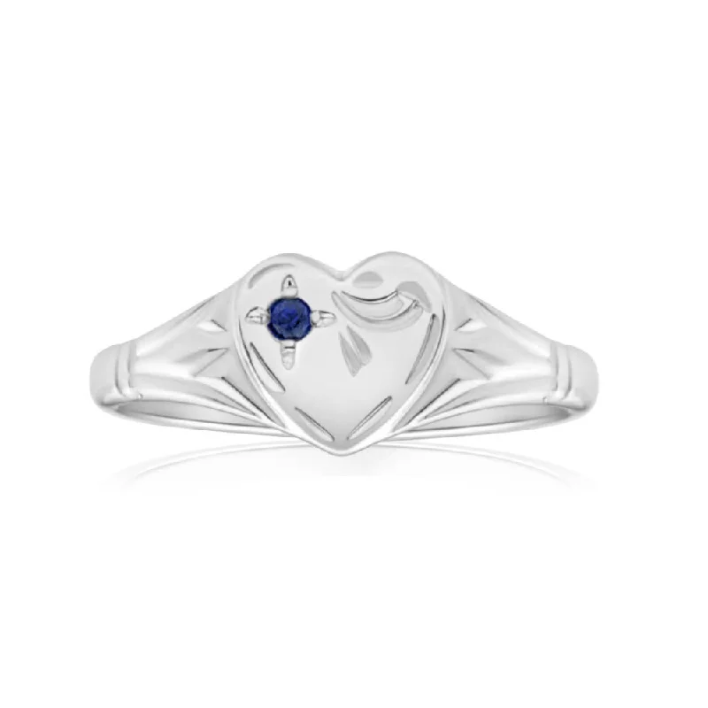 Ruby solitaire rings-Sterling Silver Natural Sapphire Heart Signet Ring Size L