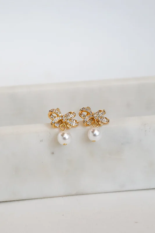 Bear wing earrings-Harlow Gold Rhinestone Pearl Bow Earrings