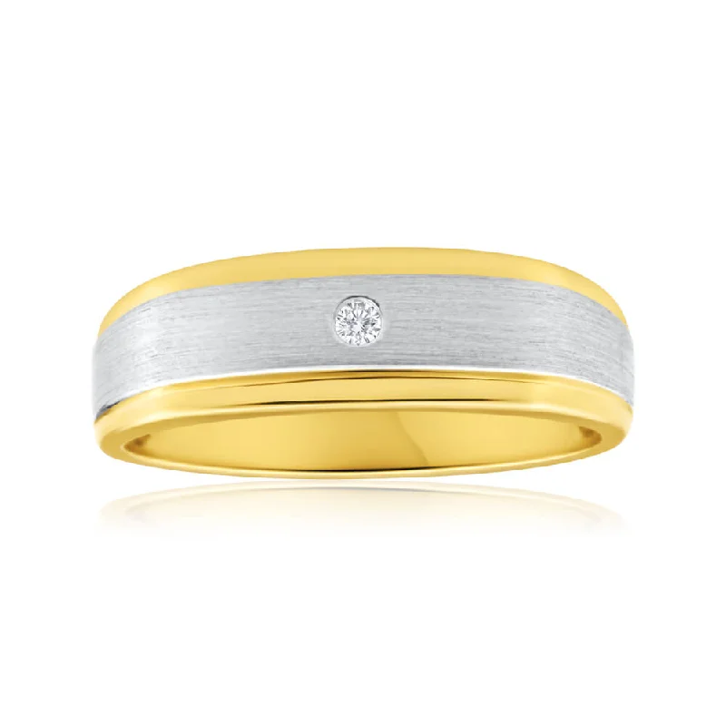 Pure band rings-9ct Yellow Gold 1 Diamond Mens Ring with White Gold Rhodium