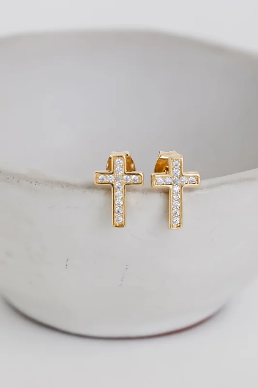 Swirl shape earrings-Addison Gold Rhinestone Cross Stud Earrings