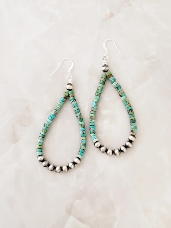 Peace eye earrings-Sterling Silver Turquoise and Navajo Pearl Beaded Tear Drop Dangle Earrings