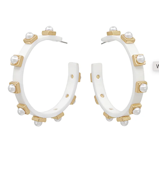 Daisy motif earrings-White Pearl Studded Hoop Earrings