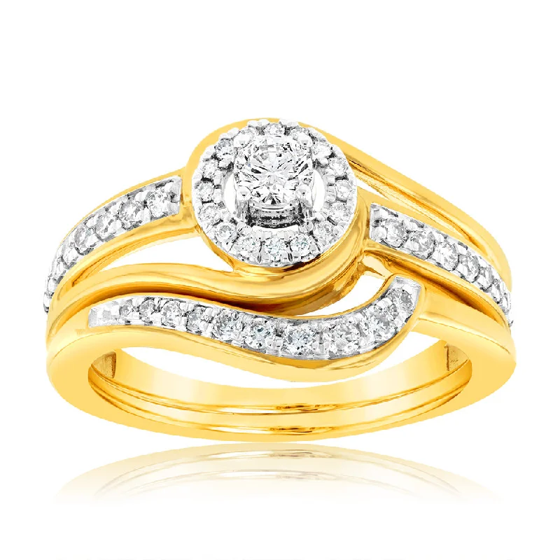 Quirky rings-9ct Yellow Gold 1/2 Carat Diamond Bridal Set Ring with Halo Setting