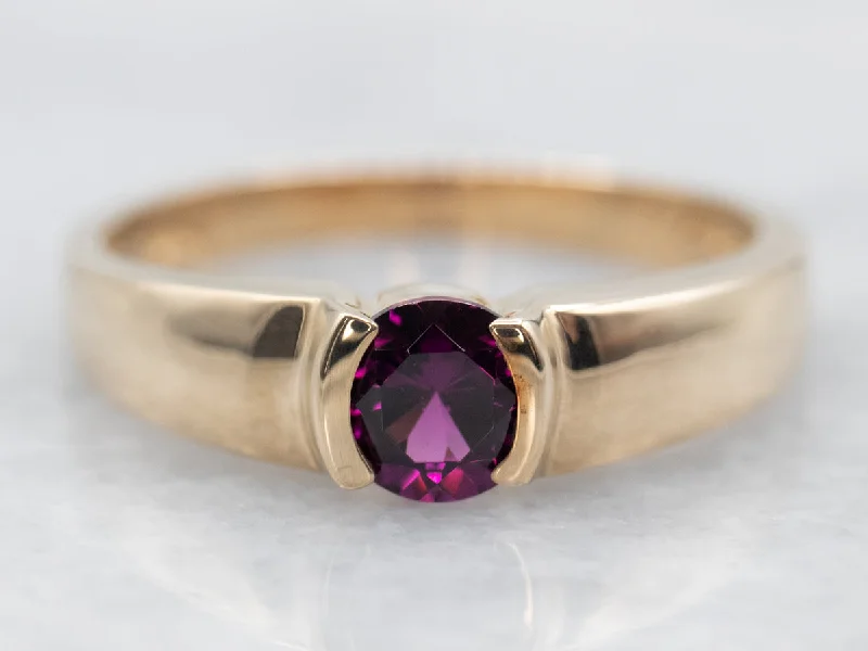 Slim stack rings-Yellow Gold Tension Set Garnet Solitaire Ring