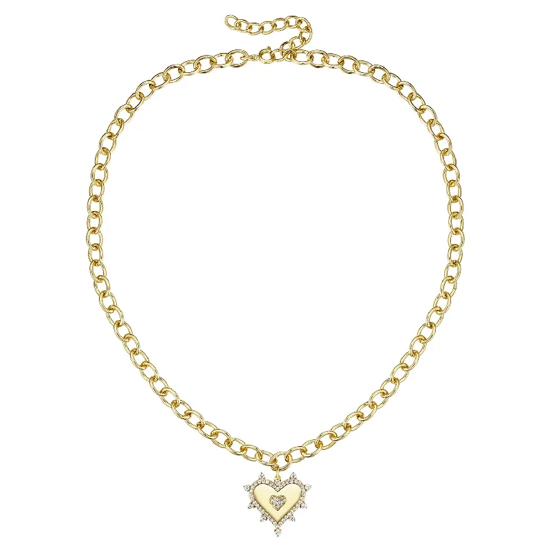 Fine art necklaces-Rg 14k Gold Plated with Diamond Cubic Zirconia Sunshine Heart Pendant Curb Chain Adjustable Necklace