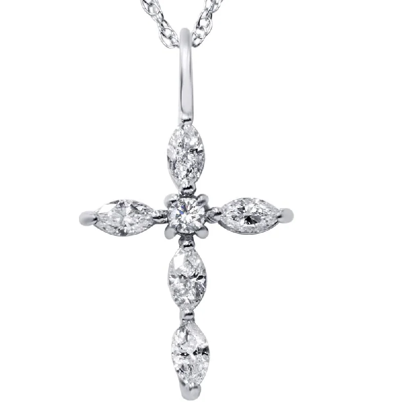 Bear charm necklaces-1/3ct Marquise Diamond Cross Pendant 14K White Gold