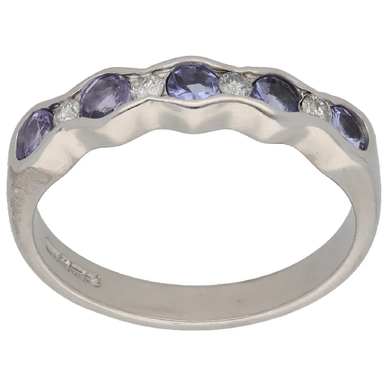 Worn vow rings-9ct White Gold Tanzanite & 0.04ct Diamond Half Eternity Ring Size N