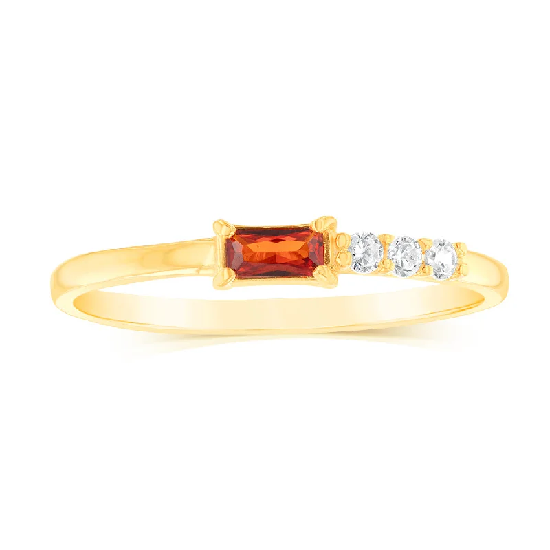 Bright star rings-Gold Plated Sterling Silver Minmial Red Stone White Cubic Zirconia Ring