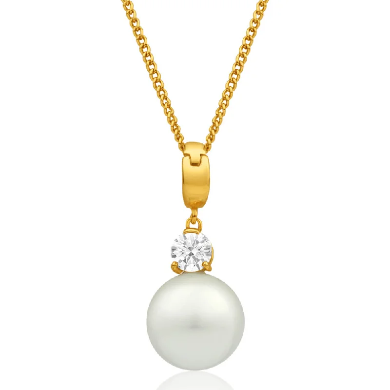 Jade gem rings-9ct Alluring Yellow Gold Cubic Zirconia and 12mm Simulated Pearl Pendant