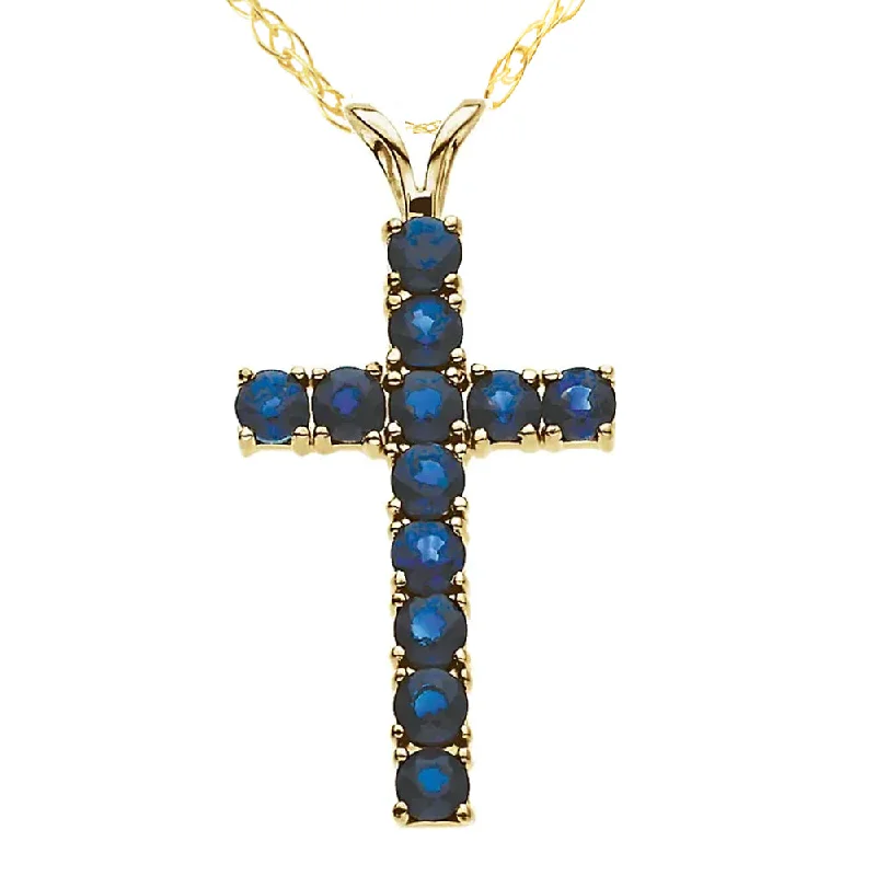 Tide wave necklaces-1 1/5 Ct Genuine Blue Sapphire Cross Pendant Necklace 18" Yellow Gold 1" Tall