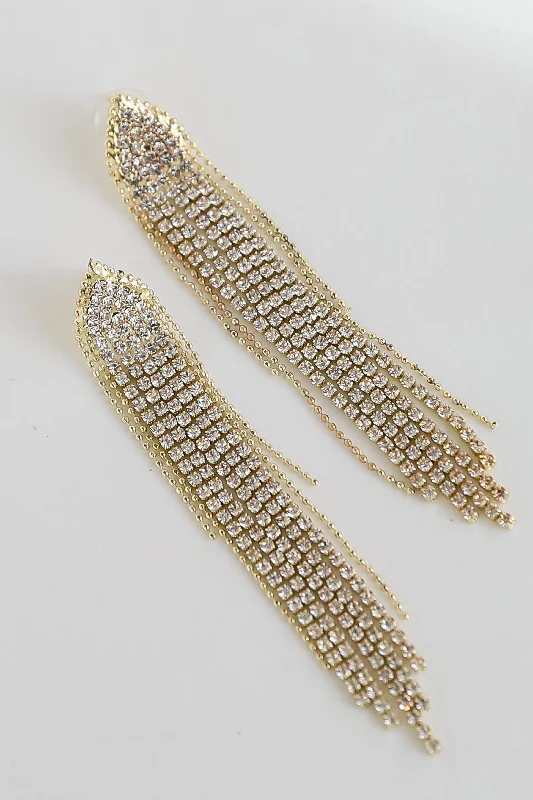 Shiny silver earrings-FINAL SALE - Miranda Gold Rhinestone Fringe Earrings