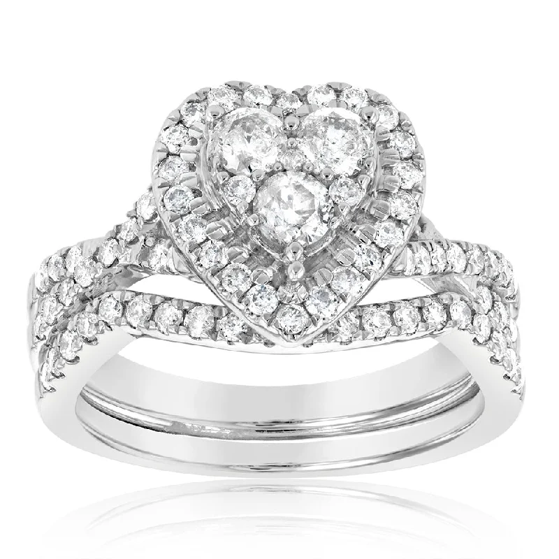 Moon birthstone rings-9ct White Gold 1 Carat Cluster Heart Diamond Bridal Set Ring