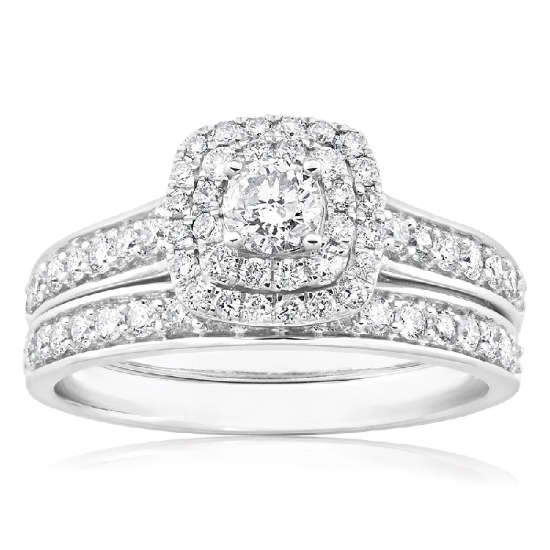 Wide stone rings-9ct White Gold 2 Ring Bridal Set With 65 Diamonds Totalling 1 Carat