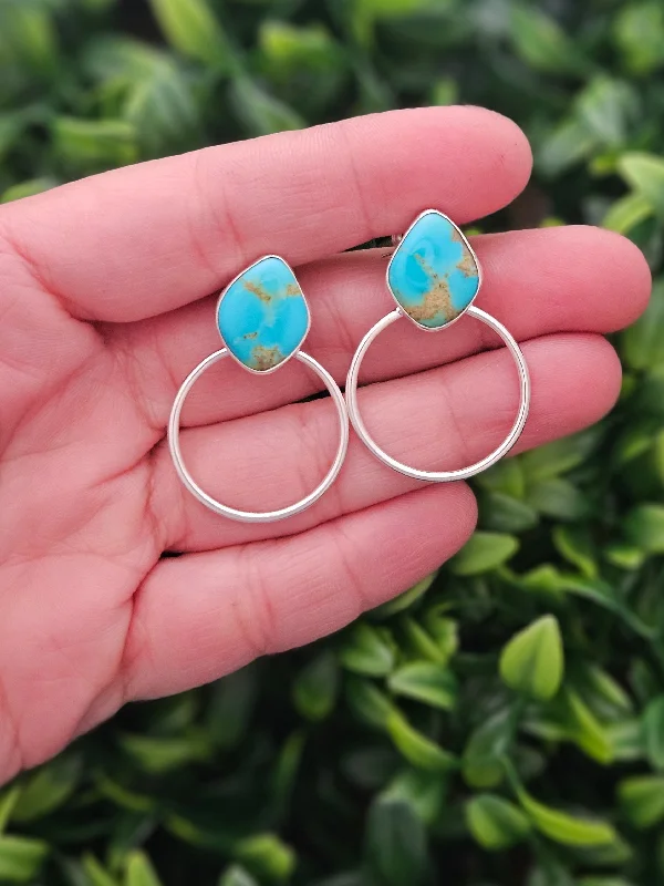 Flax thread earrings-Sterling Silver Turquoise Hoop Earrings