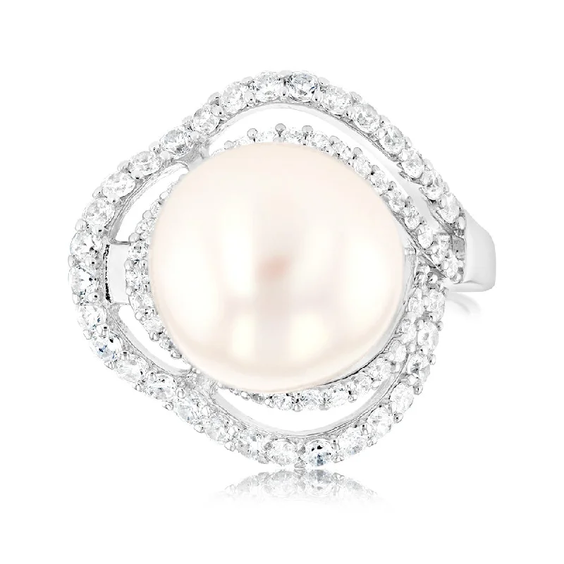 Worn flair rings-Sterling Silver Rhodium Plated 12-12.5mm White FW Button Pearl & CZ Ring