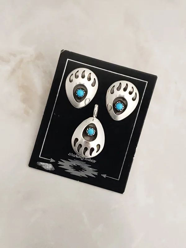 Shiny silver earrings-Sterling Silver Turquoise Stone Bear Paw Earrings & Pendant