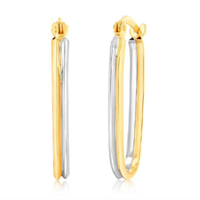 Thick band rings-9ct Yellow And White Gold Two Tone Elongated Hoop Earring