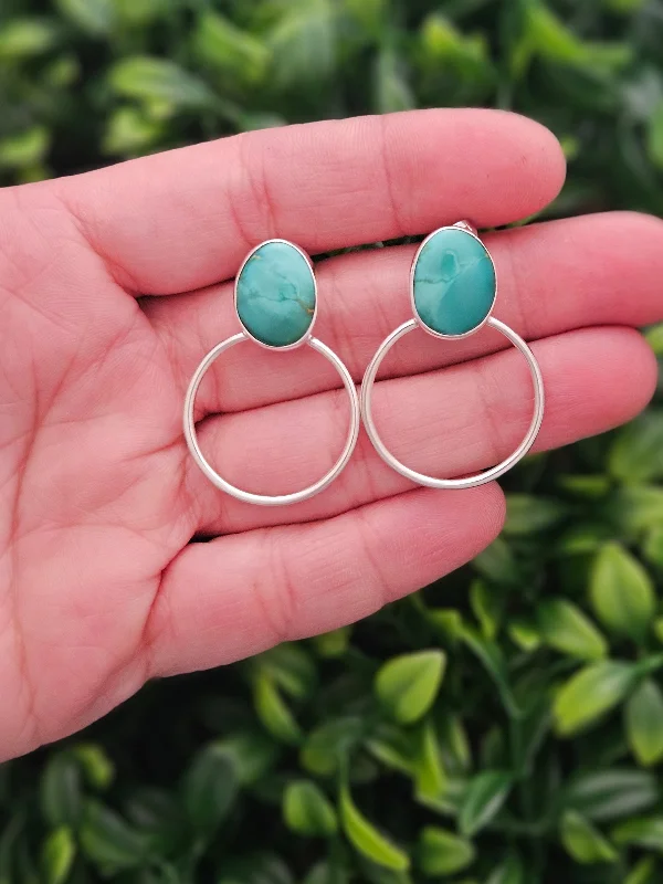 Quirky pair earrings-Stamped Sterling Silver Turquoise Hoop Earrings