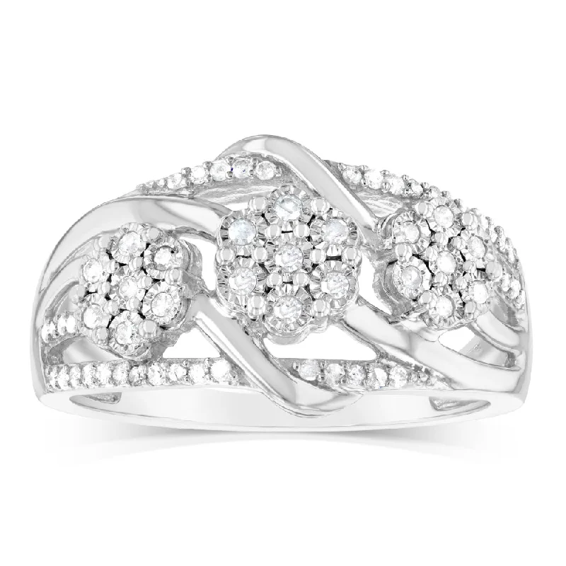 Bead pile rings-Sterling Silver 1/5 Carat Diamond Flower Shape Wrapped Around Ring