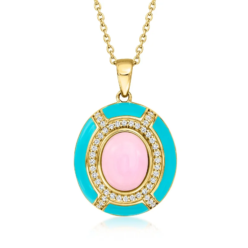 Ruby drop necklaces-Ross-Simons Pink Opal and . White Topaz Pendant Necklace With Turquoise Enamel in 18kt Gold Over Sterling